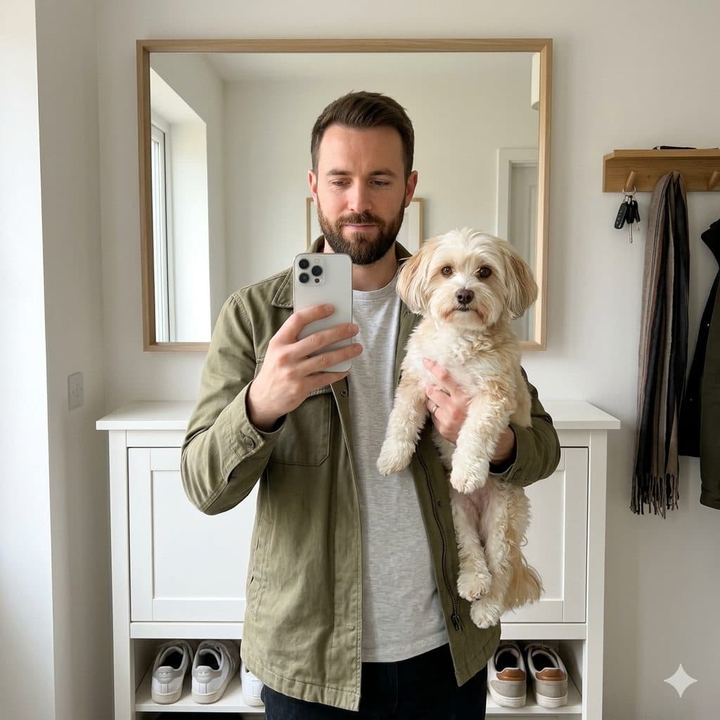 Entryway Mirror Selfie Prompt – Man with Dog & Natural Light Portrait created with Gemini
