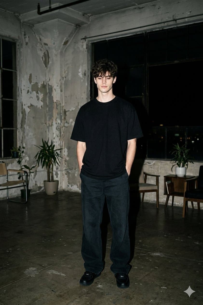 A hyper-realistic wide nighttime photograph of a young model standing alone inside a worn industrial loft