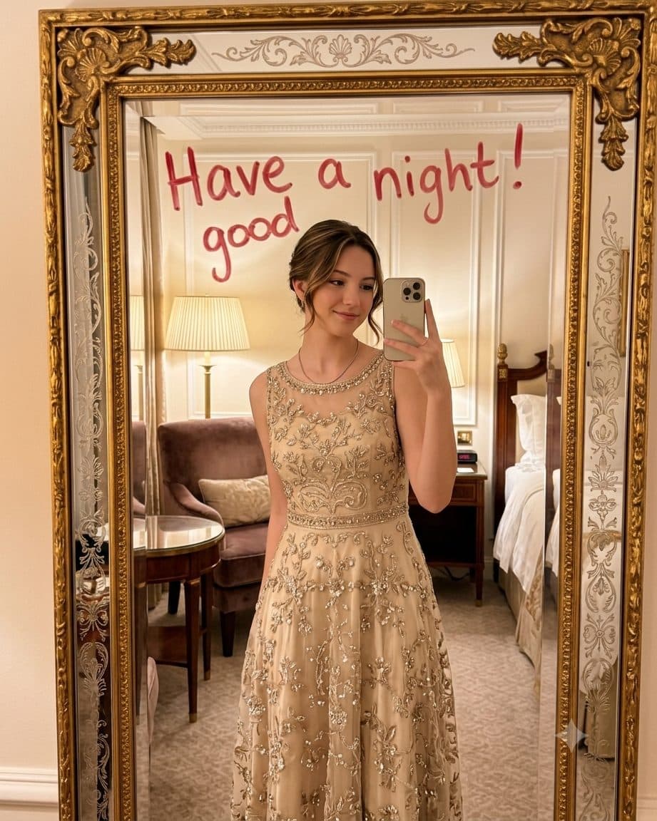 Luxury Hotel Mirror Selfie Prompt – Elegant Evening Portrait with Gold Frame created with Gemini