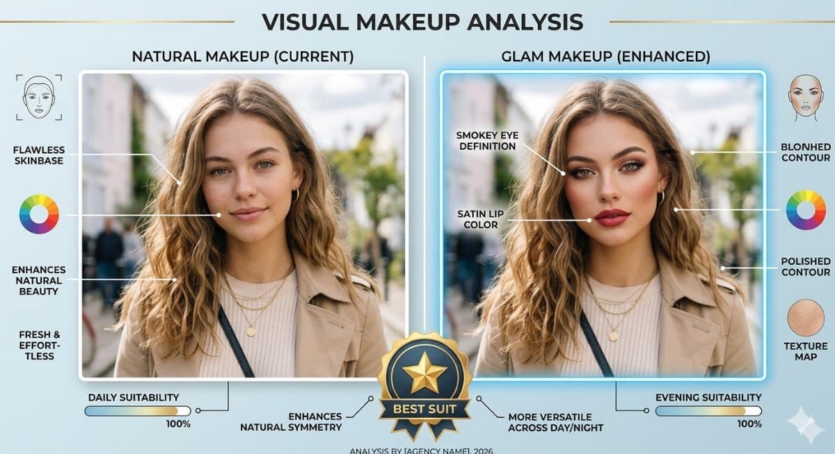Visual Makeup Analysis Graphic Using This Prompt | Natural Makeup vs Glam Makeup Comparison created with Gemini