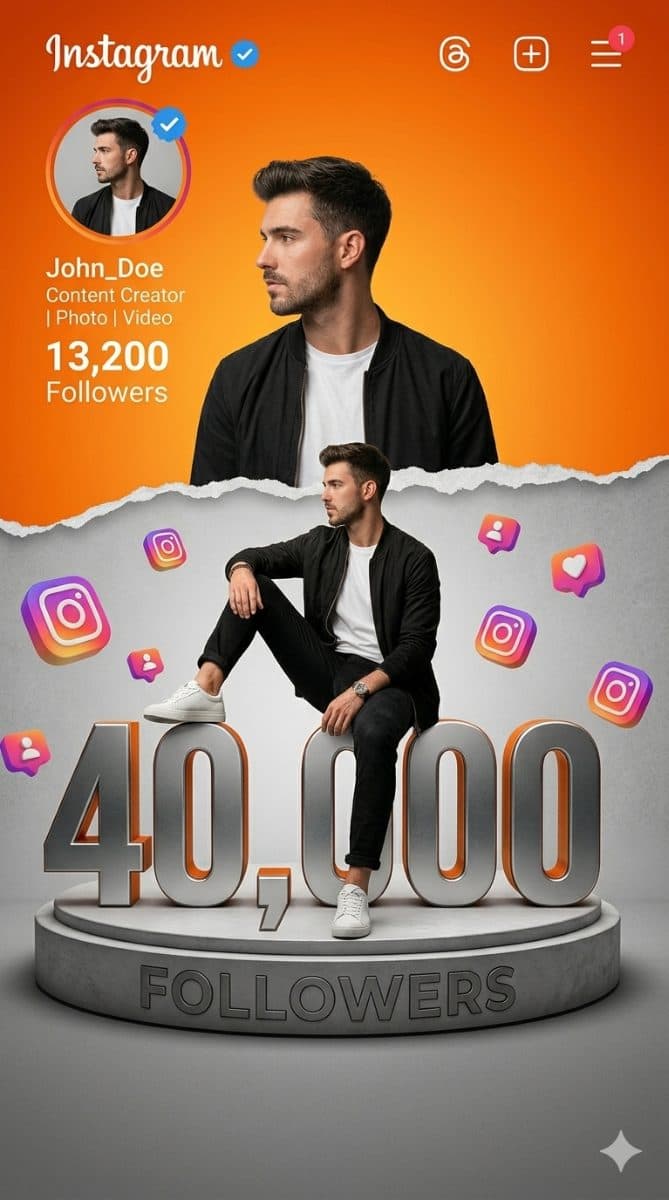 Instagram 40K Followers Milestone Poster Prompt – Ultra Realistic Social Media Celebration Design created with Gemini