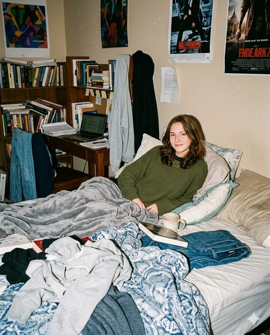 Casual Home Flash Portrait Prompt – Messy Bedroom Instagram Aesthetic created with Gemini