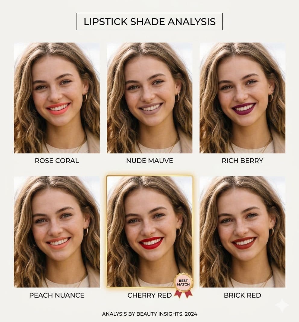 Create a Makeup Analysis Graphic Using This Portrait Prompt | Lipstick Shades Comparison & Best Matching Color created with Gemini