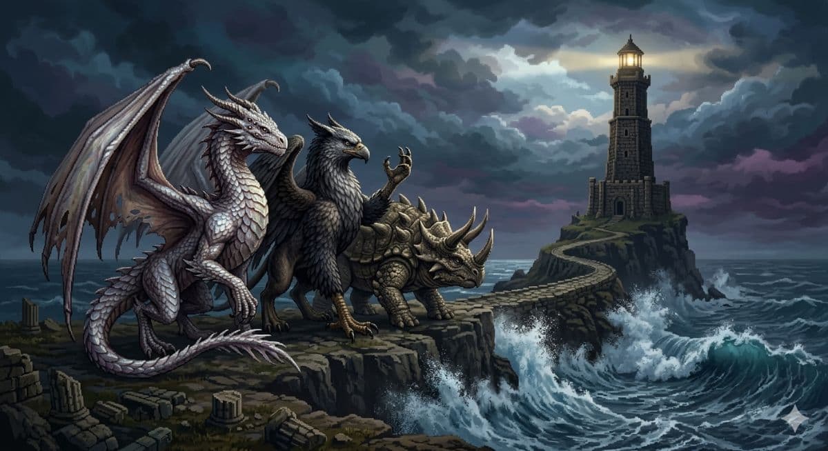 Epic Fantasy Creatures AI Prompt – Cliff Over Stormy Sea created with Gemini