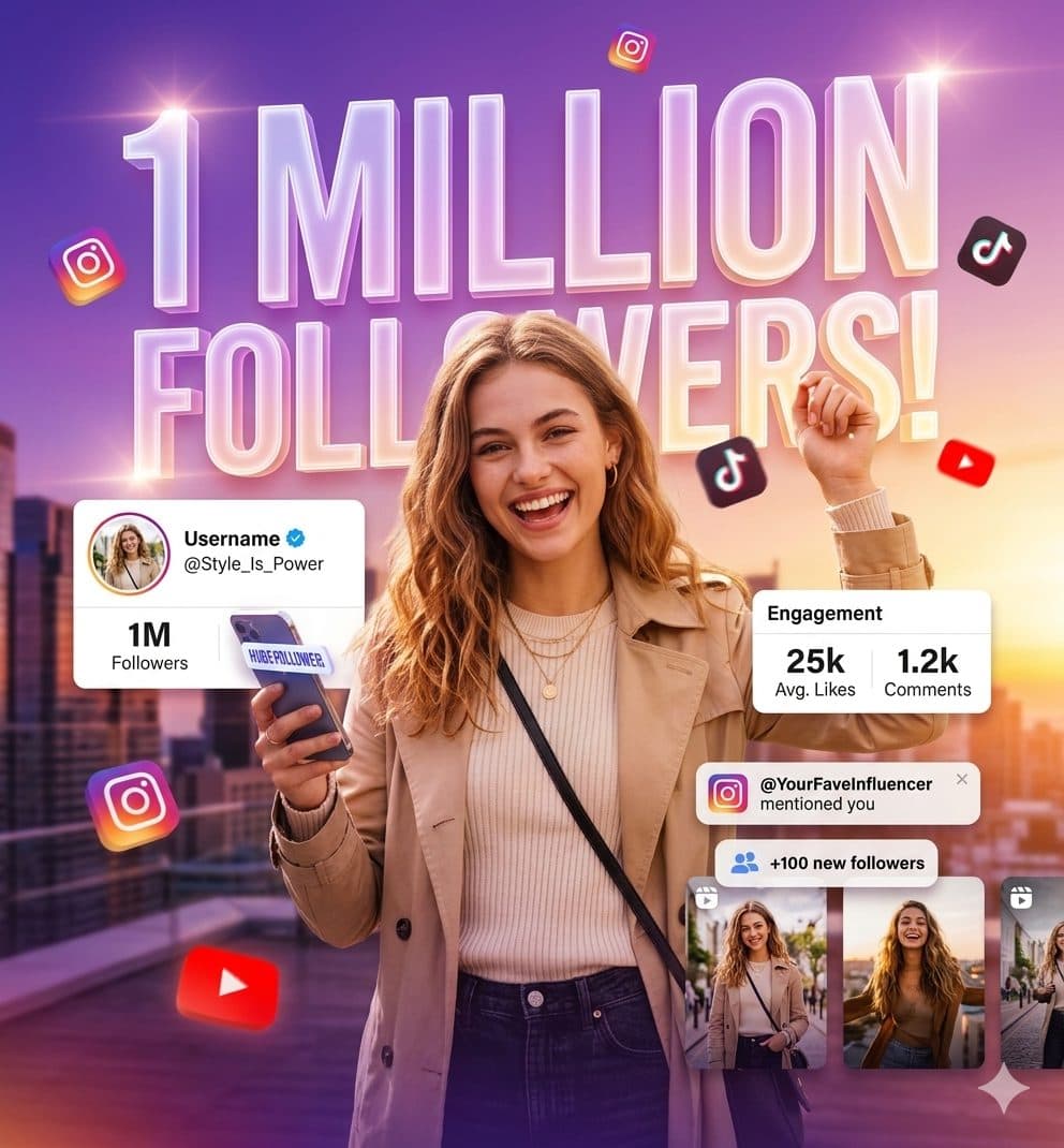 Instagram Influencer Celebration Poster Prompt – Cinematic Social Media Milestone Creator Design created with Gemini