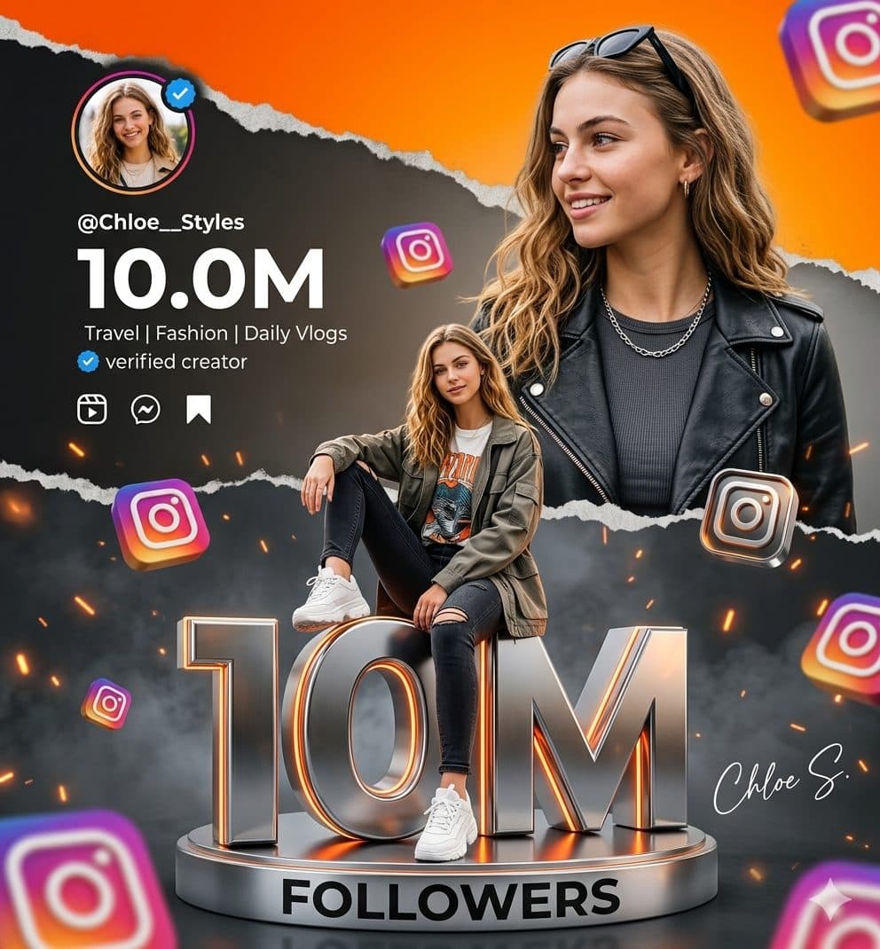Instagram 10M Followers Celebration Poster Prompt – Ultra Realistic Influencer Milestone AI Prompt created with Gemini