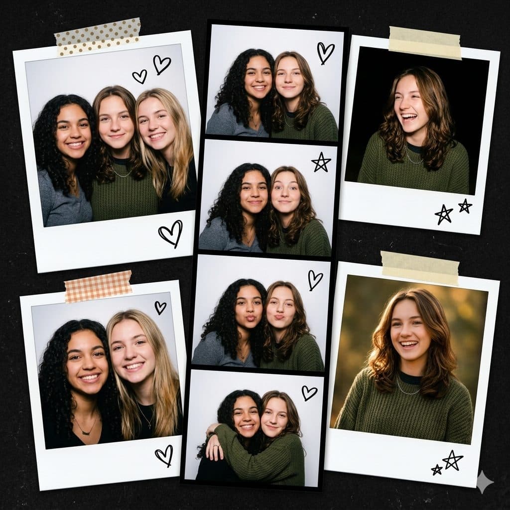 Photo Booth Friends Collage Prompt – Photorealistic Retro Strip & Nostalgic Snapshot Design created with Gemini