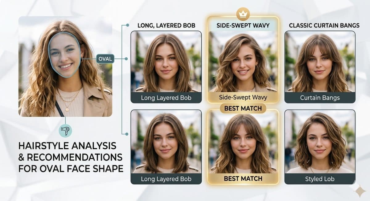 Hairstyle Analysis Graphic with Face Shape Detection | Best Hairstyle Match & Haircut Recommendations created with Gemini