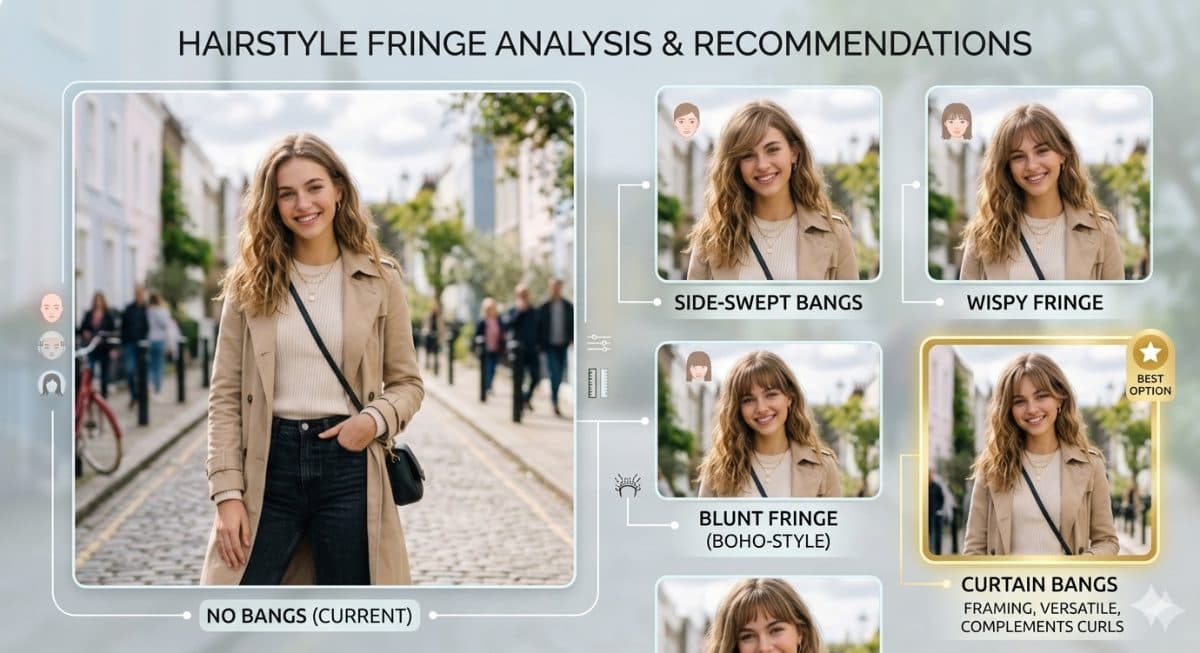 Create a Hairstyle Analysis Graphic Using This Portrait Prompt | Bangs vs No Bangs Comparison, Multiple Fringe Styles & Best Match created with Gemini