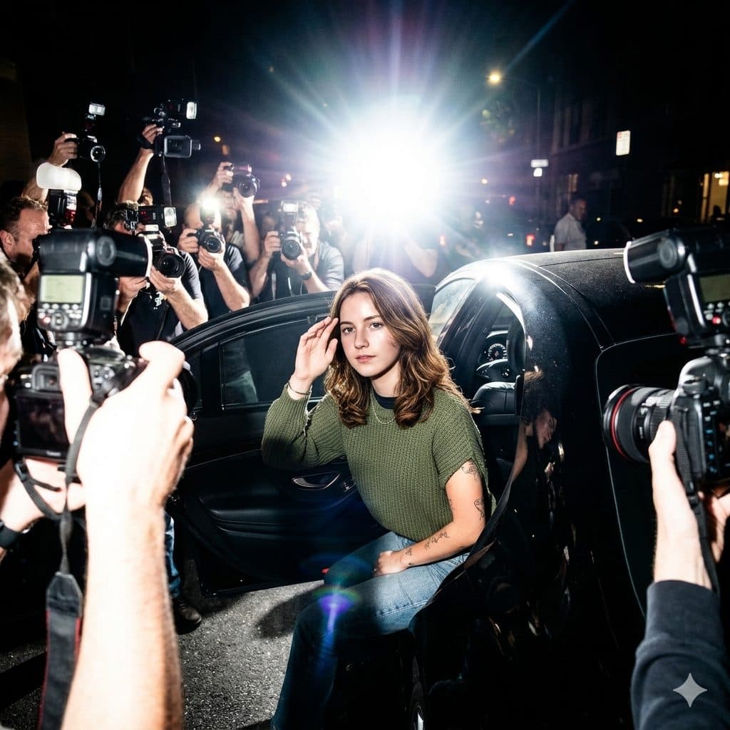 Celebrity Paparazzi Flash Prompt – Nighttime Press Scene Photography Style created with Gemini