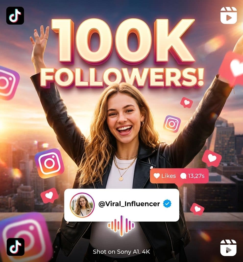 100K Followers Instagram Celebration Poster Prompt – Viral Influencer Milestone AI Design created with Gemini