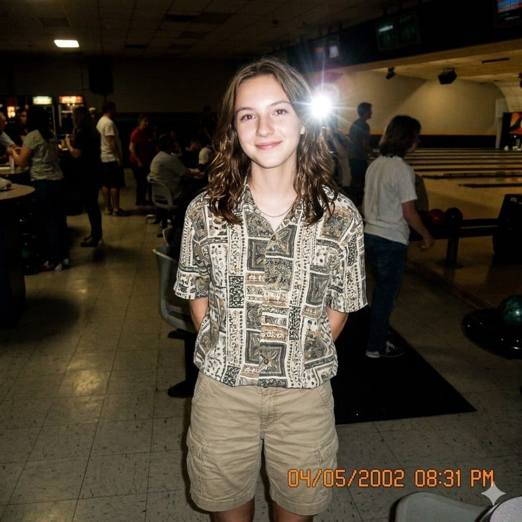 2000s Digital Camera Flash Prompt – Nostalgic Low-Res Y2K Photography Style created with Gemini