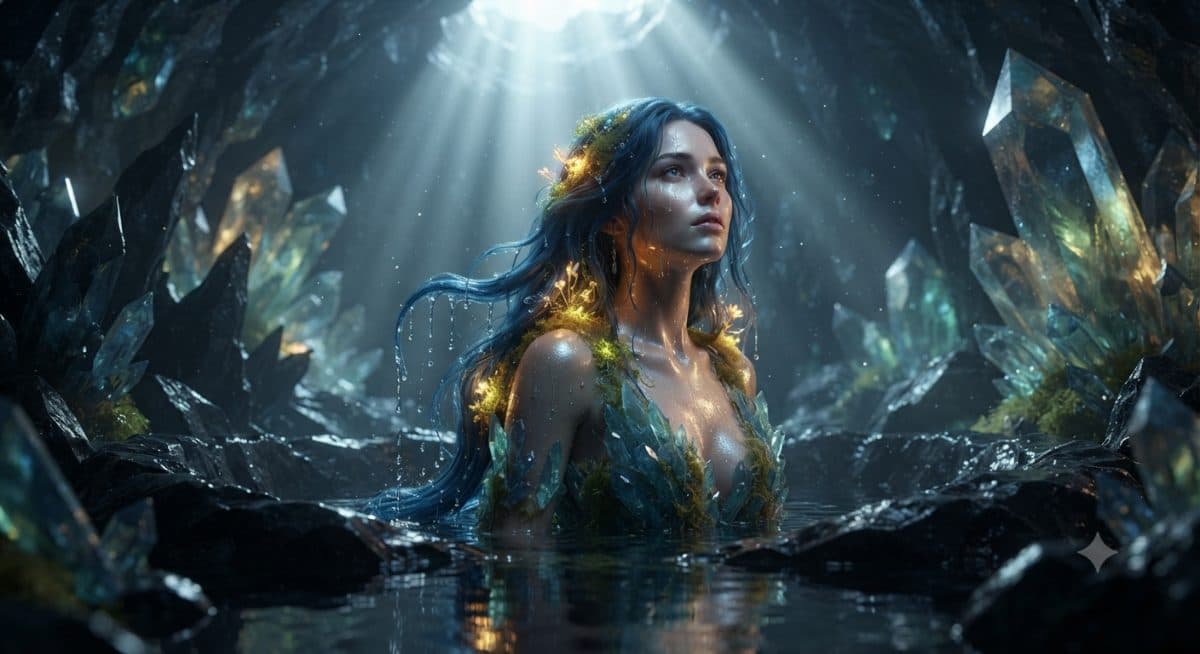 Ethereal Nymph in Sunlit Grotto Close-Up created with Gemini