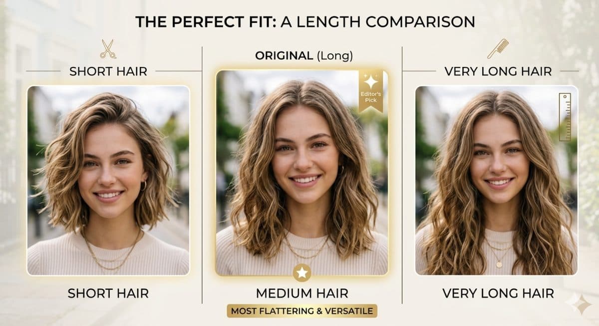 AI Hairstyle Comparison Graphic | Short Hair vs Medium Hair vs Long Hair with Best Hair Length Match created with Gemini