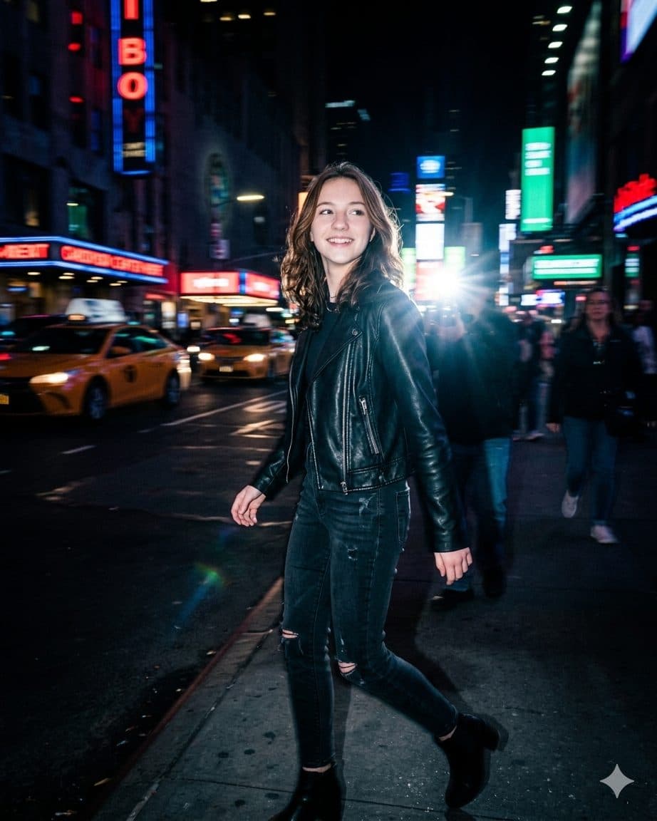 Urban Night Street Flash Prompt – Cinematic Paparazzi Style Walking Portrait created with Gemini